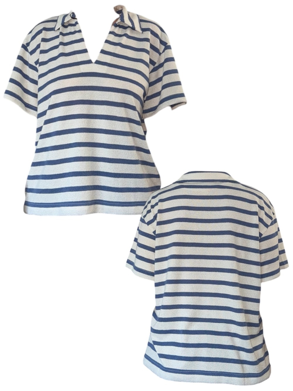 Striped Knit Polo Tee in Blue and White